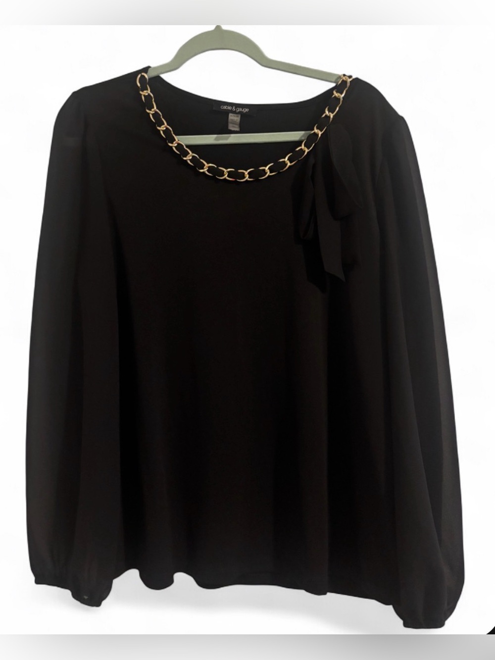 Cable & Gauge Black Blouse with Gold Chain Neckline